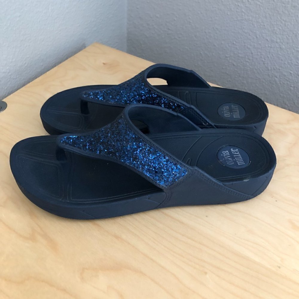Olivia Miller Kira Blue & Black Glitter Comfort Flip Flop Sandals Women's US 11
